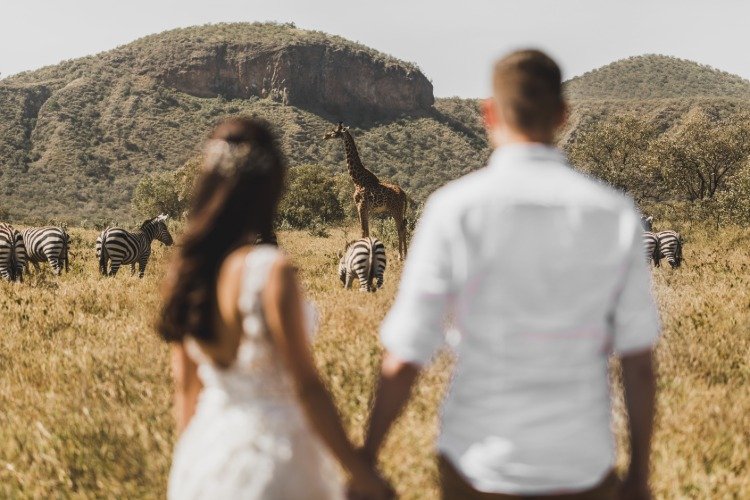 homem e mulher em um safári na África observam girafas e zebras