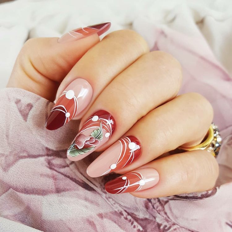 Unhas em formato de amêndoa acrílico rosa claro esmaltes idéias de design de unhas tendências da moda