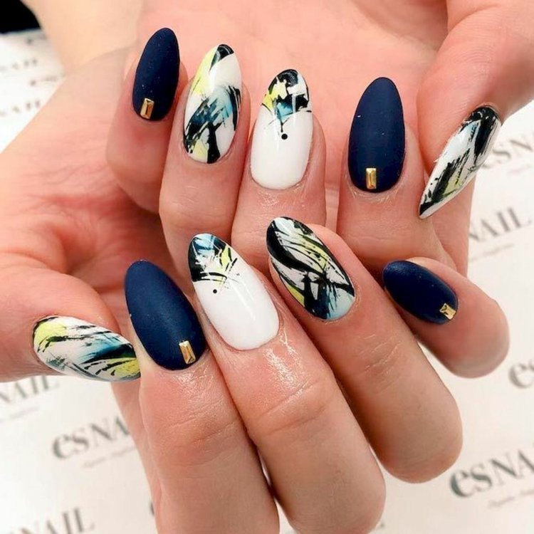 Unhas em formato de amêndoa acrílico azul escuro branco esmaltes idéias de design de unhas tendências da moda