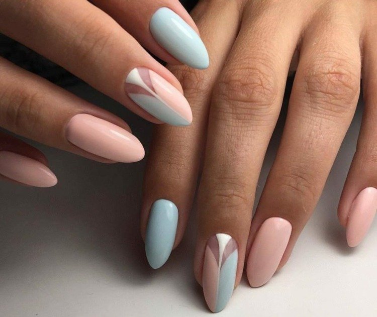 Unhas em formato de amêndoa Esmalte acrílico cores pastel azul claro rosa idéias de design de unhas