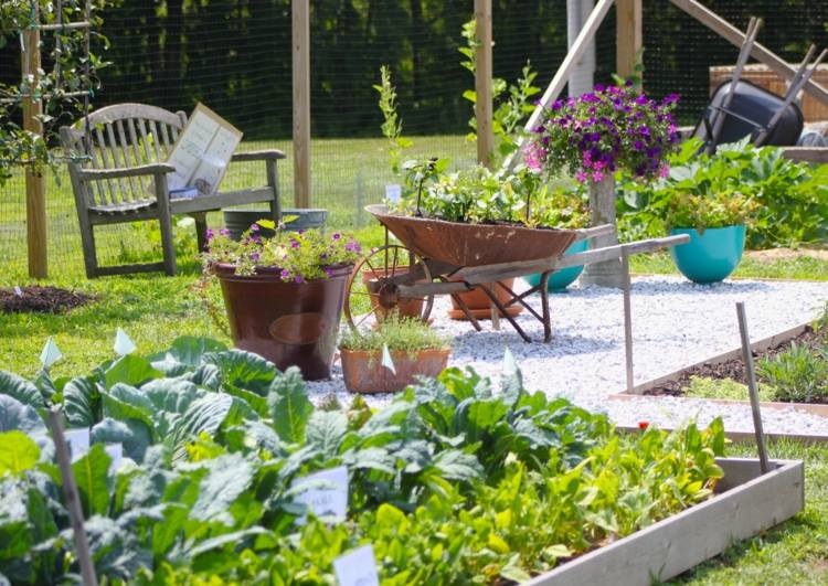 Criar-cozinha-jardim-carrinho de mão-banco-madeira-plantador-vasos de flores