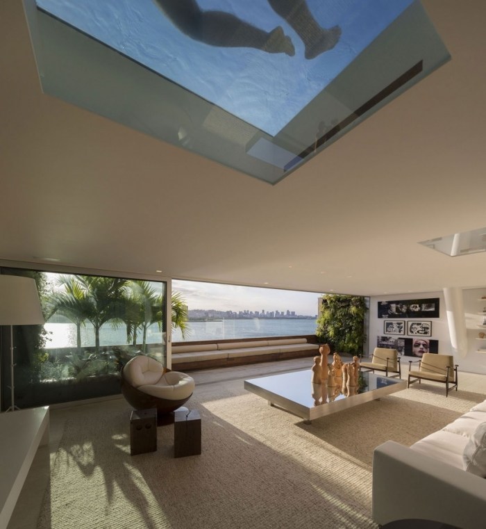 Plano aberto-design-residência-luxo-telhado-piscina-piso de vidro