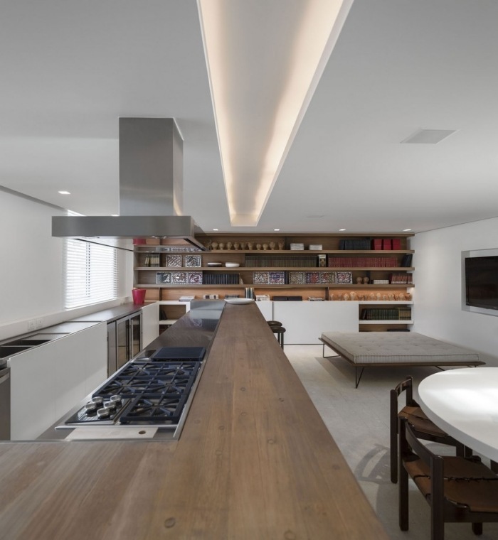 Penthouse-Urca-plano aberto-quarto-design-cozinha-ilha-balcão de madeira maciça