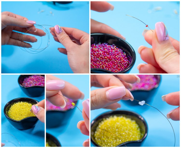 Faça você mesmo brincos de argola enfiando contas de vidro coloridas