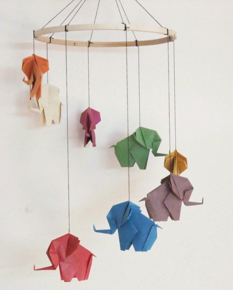 decoração no berçário papel de origami bebê elefante móvel