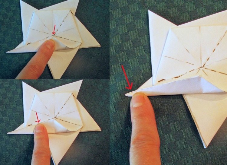 origami-natal-estrela-dobramento-instruções-cinco-pontos-dobra-precisa-papel-branco-linha pontilhada