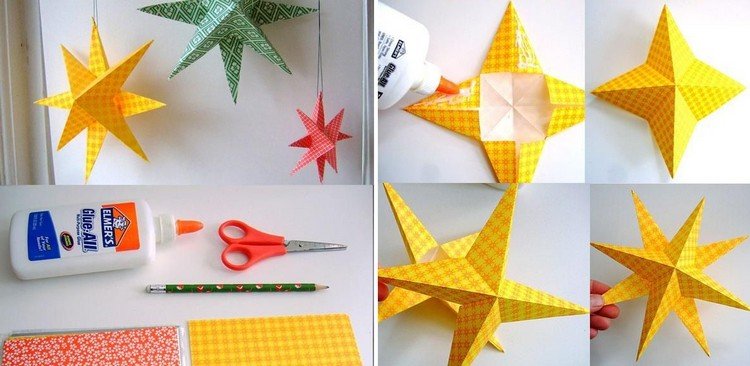 Origami para estrelas 3D de Natal e papel decorativo amarelo