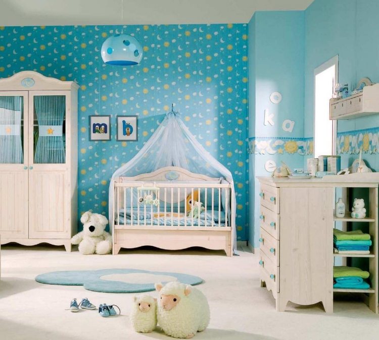 original-quarto-infantil-design-bebê-menino-branco-azul-turquesa-conjunto de móveis-papel de parede