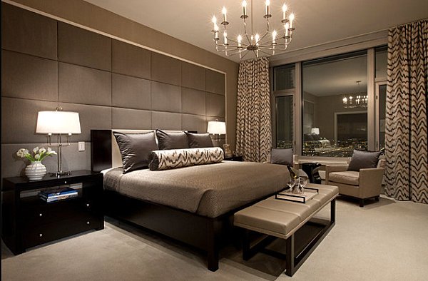 quarto lustre de couro cinza com cama de casal luxuosa