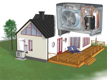 Luftvarmepumpe til opvarmning af et hus i træbeton