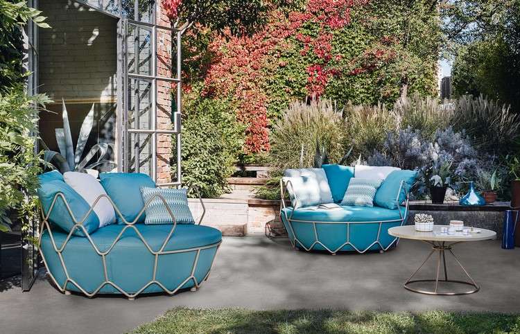 outdoor-jardim-móveis-sofás-azul-sofá-almofadas-mesa lateral-alumínio