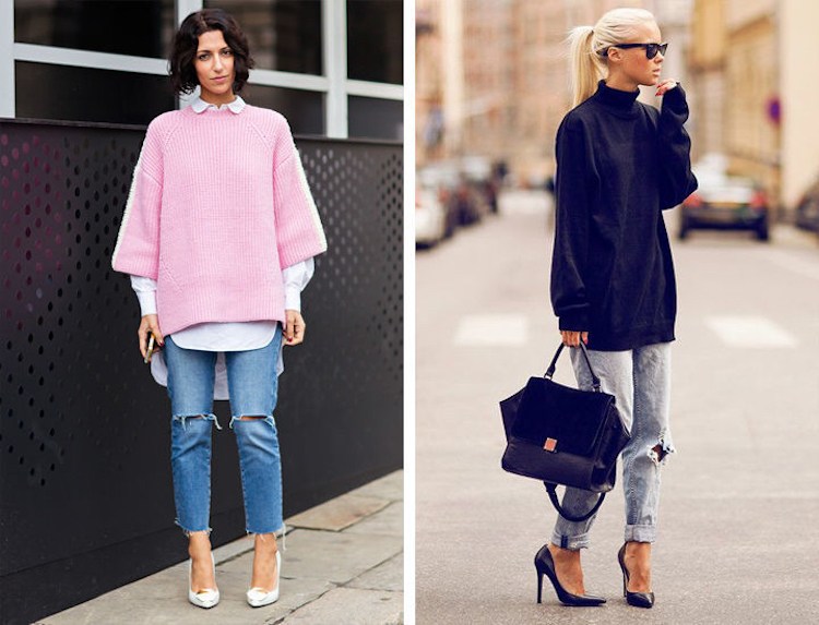 Suéter extragrande combinado com jeans boyfriend e salto alto