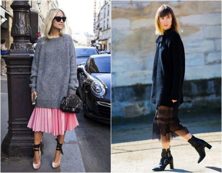 Combine um suéter grande com uma saia midi e botins
