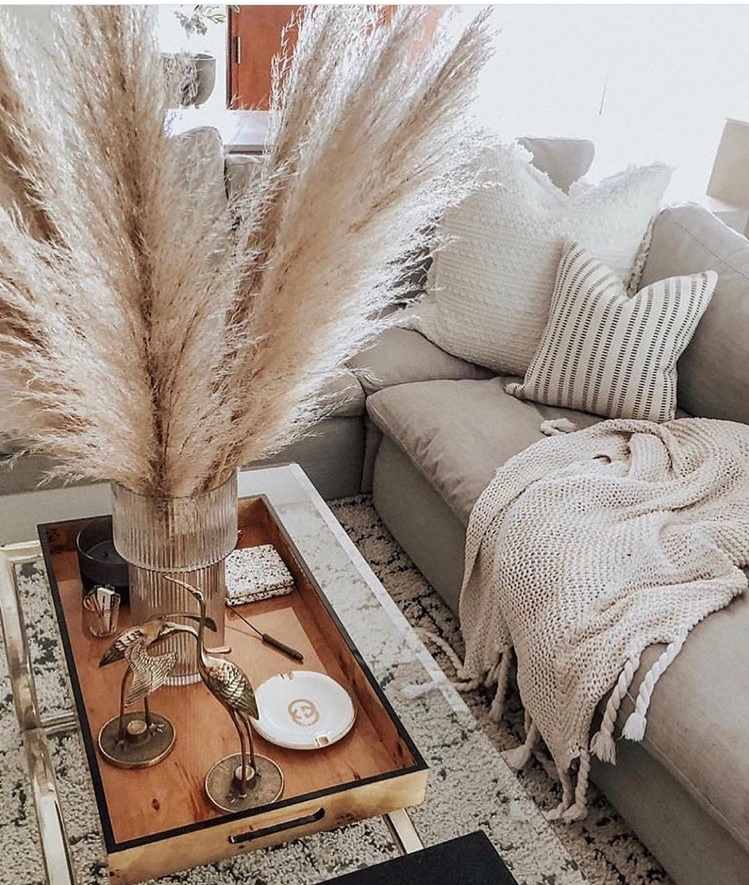 grama dos pampas como decoração em um tablet na mesa de centro