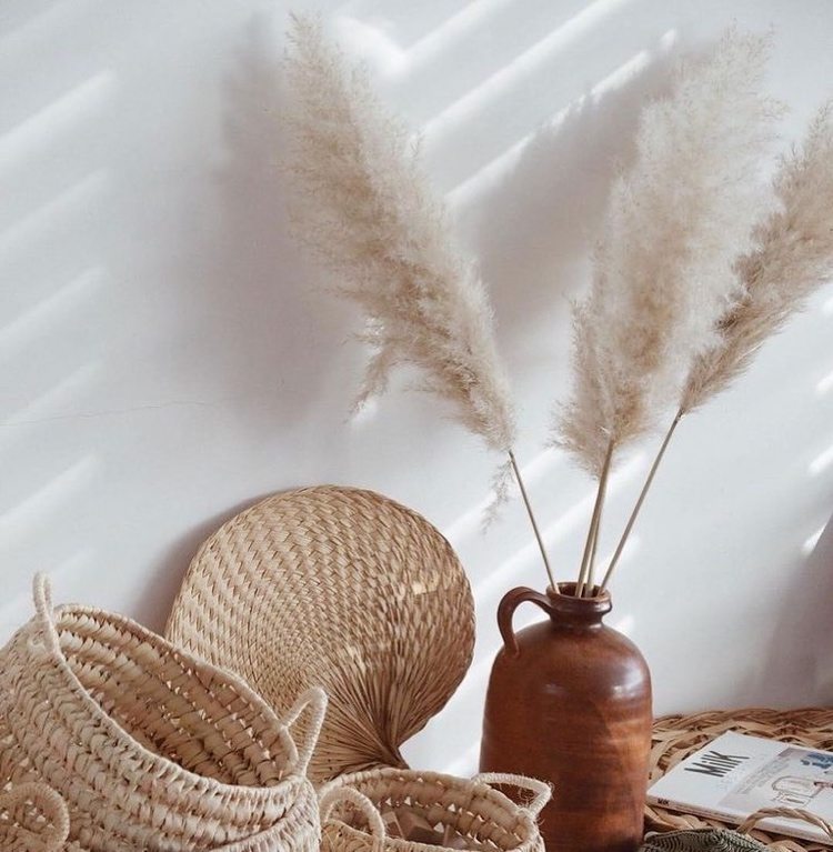 decoração de grama dos pampas branca em um vaso de barro em aparência antiga