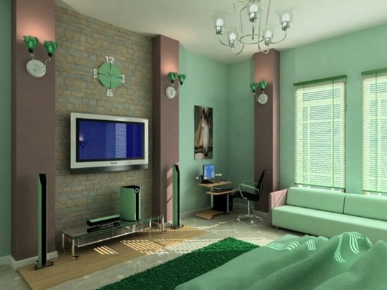 luz-verde-com-marrom-na-sala-TV LED