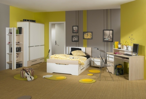 Projeto de parede de berçário cinza com amarelo