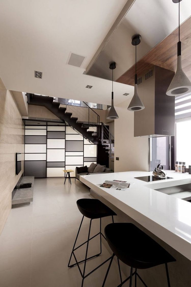 Luminária pendente-sala de jantar-moderna-concreto-interior-neutro-cores-cinza