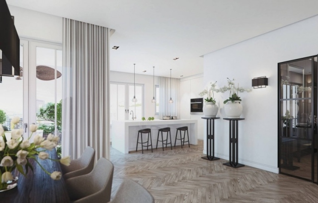 Elegante-loft-cobertura-piso em parquet-área de cozinha-branco-cozinha-ilha-cortinas-delicadas