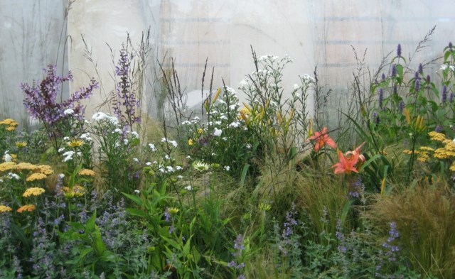 Parede de tijolos com flores frescas flores de verão