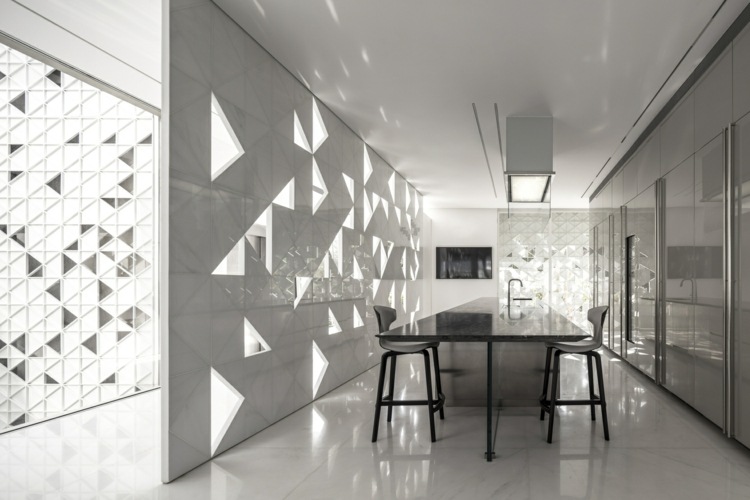 divisória de pedra área de cozinha elegante mobiliário interior fachada perfurada de alumínio