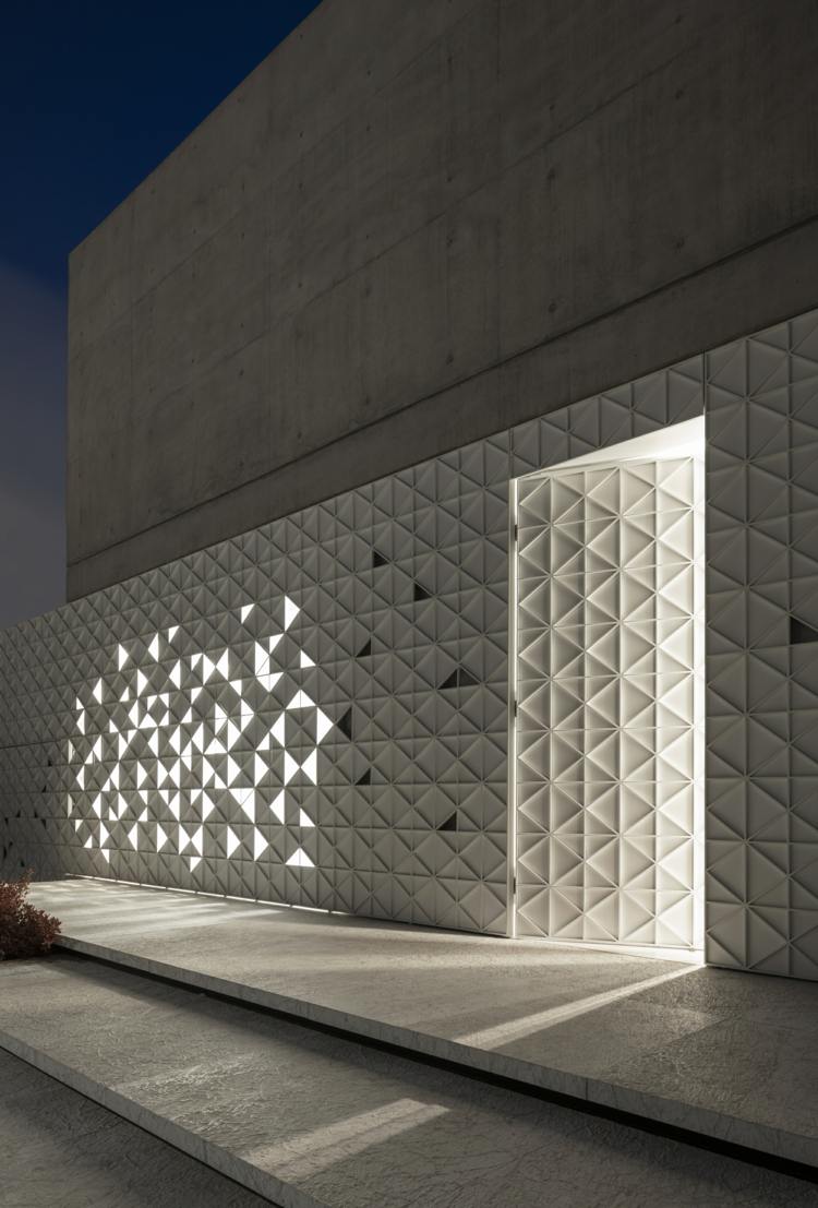 área de entrada d3 casa fachada perfurada luz de concreto exposto de alumínio
