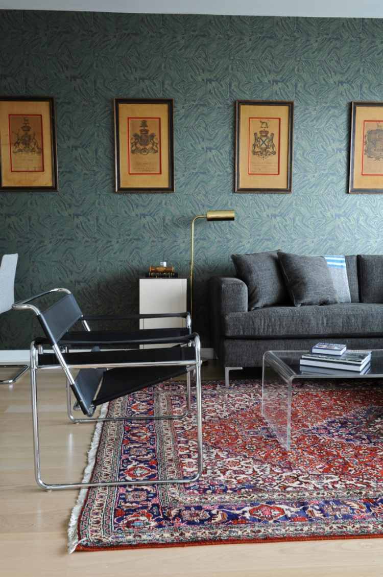 tapete oriental-sala-de-estar-piso laminado-verde-padrão-papéis de parede