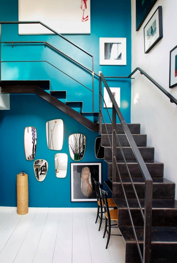 Petrol color -interior-modern-picture wall-mirror-ladder-steel-white-floor