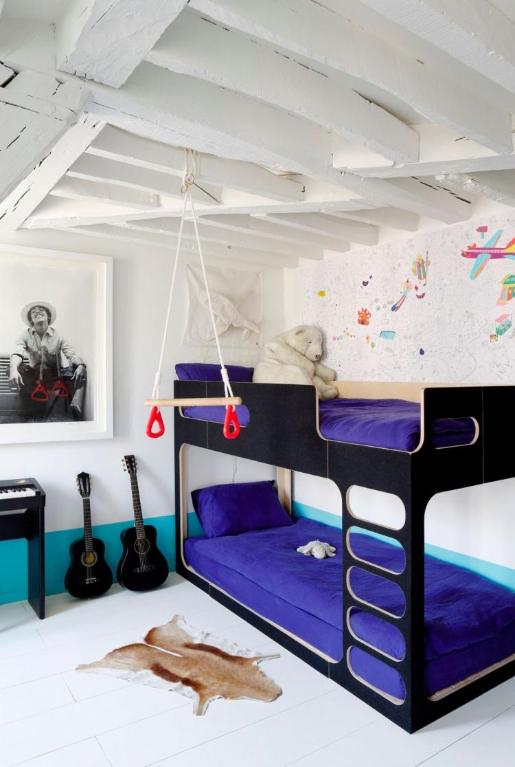 gasolina-interior-moderno-quarto de criança-cama loft-preto-guitarra