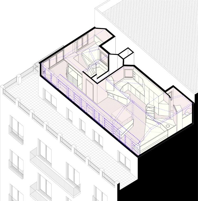 projeção axonométrica de um apartamento de último andar em barcelona com espaços estreitos