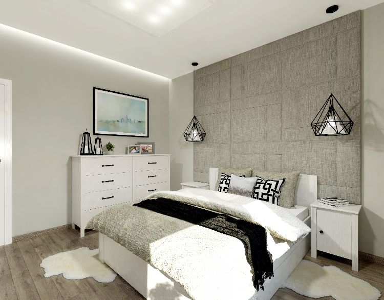 parede estofada no quarto painel de parede cama almofada parede encosto estofamento design tecido tecido lâmpada pendente bege moderno minimalista