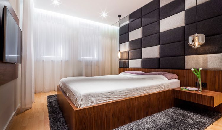 parede estofada no quarto painel de parede cama almofada encosto parede almofada design marrom bege moderno cama de madeira minimalista