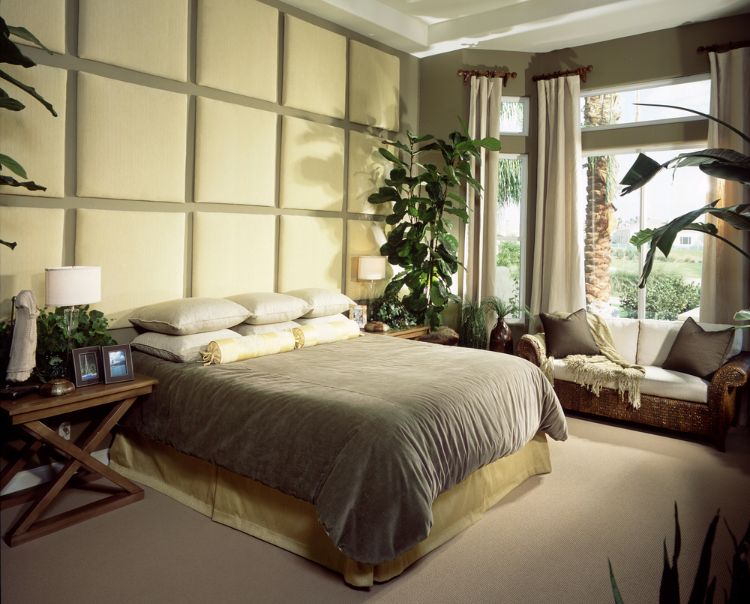 parede estofada no quarto painel de parede cama encosto almofada parede encosto almofada design marrom quadrados modernos plantas brilhantes