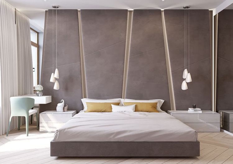 parede estofada no quarto painel de parede da cama encosto da cama almofada do encosto da cama design marrom cortinas modernas lâmpadas penduradas