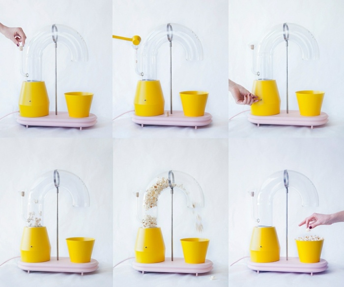 máquina de pipoca etapas de preparação design amarelo