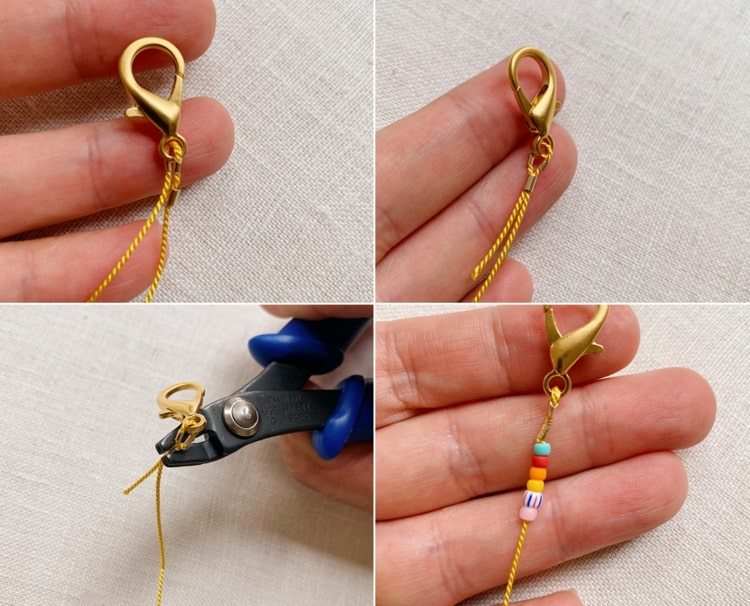 Instruções para uma corrente de máscara com barbante e pequenas contas coloridas