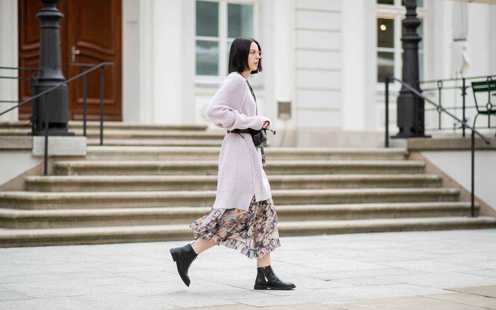 Os vestidos da pradaria combinam roupas de inverno Herbs cardigan longo rosa sapatos das tendências da moda