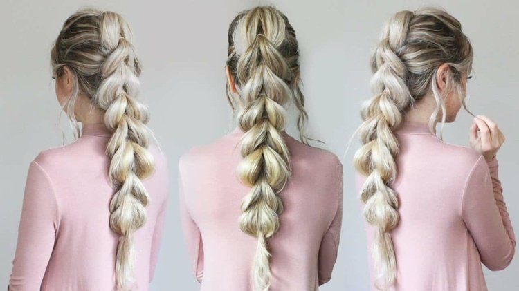 Tendências de penteado feminino pull-through trança Instruções Penteados trançados para cabelos compridos