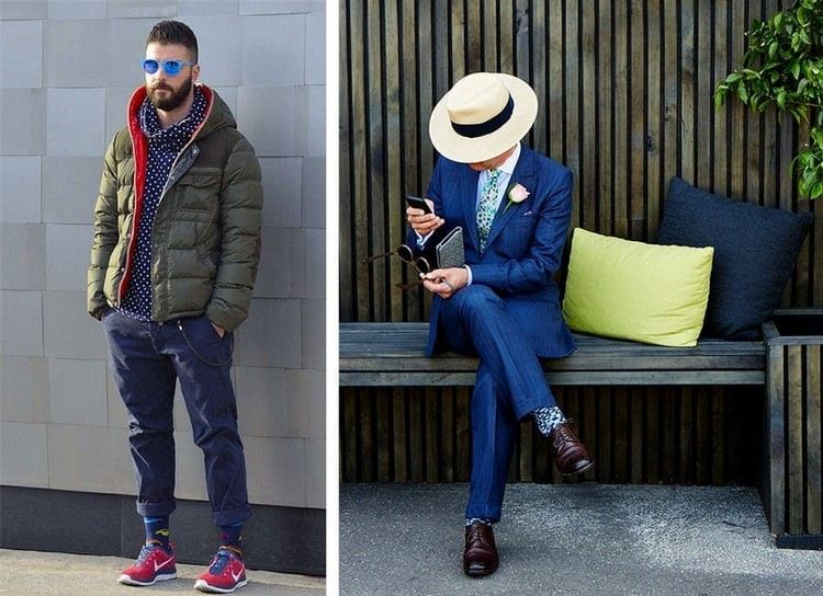 roupas da moda para homens com ternos e visual esportivo definem meias coloridas como um sotaque