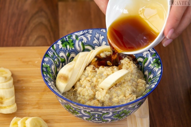receita aveia quinoa mingau banana canela xarope de bordo café da manhã