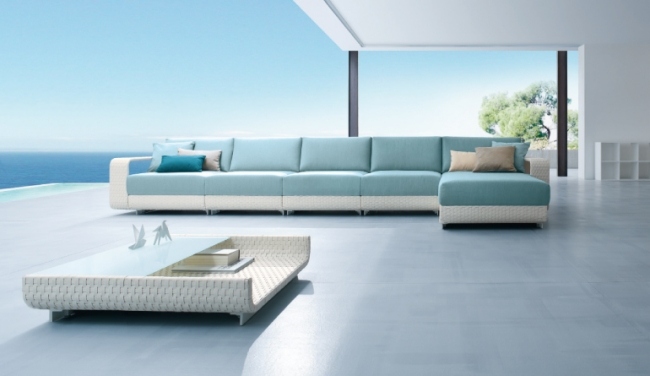 Mesa de centro de sofá de vime branco azul claro