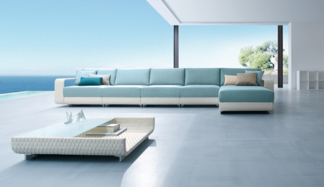 Mesa de centro de sofá de vime branco azul claro