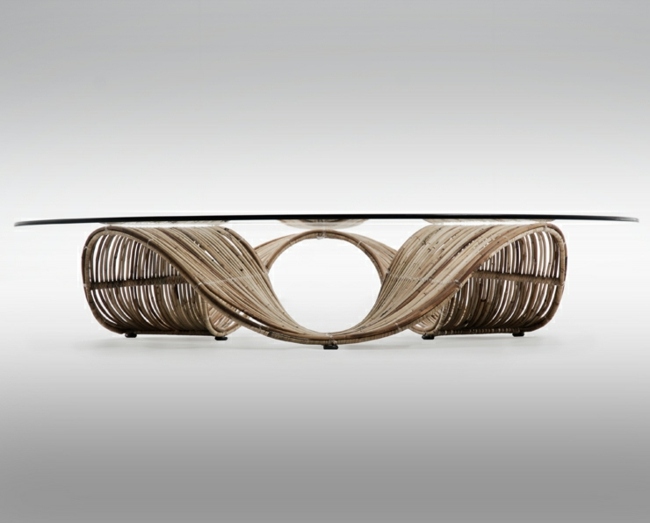 Mesa de madeira com tampo de vidro em forma de onda, móveis de jardim feitos à mão