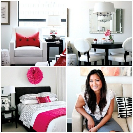 pequeno apartamento planejando esquema de cores rosa branco