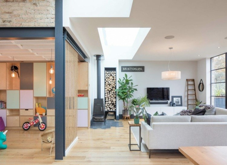 casa tátil casa unifamiliar sala de estar lareira divisória feita de corda