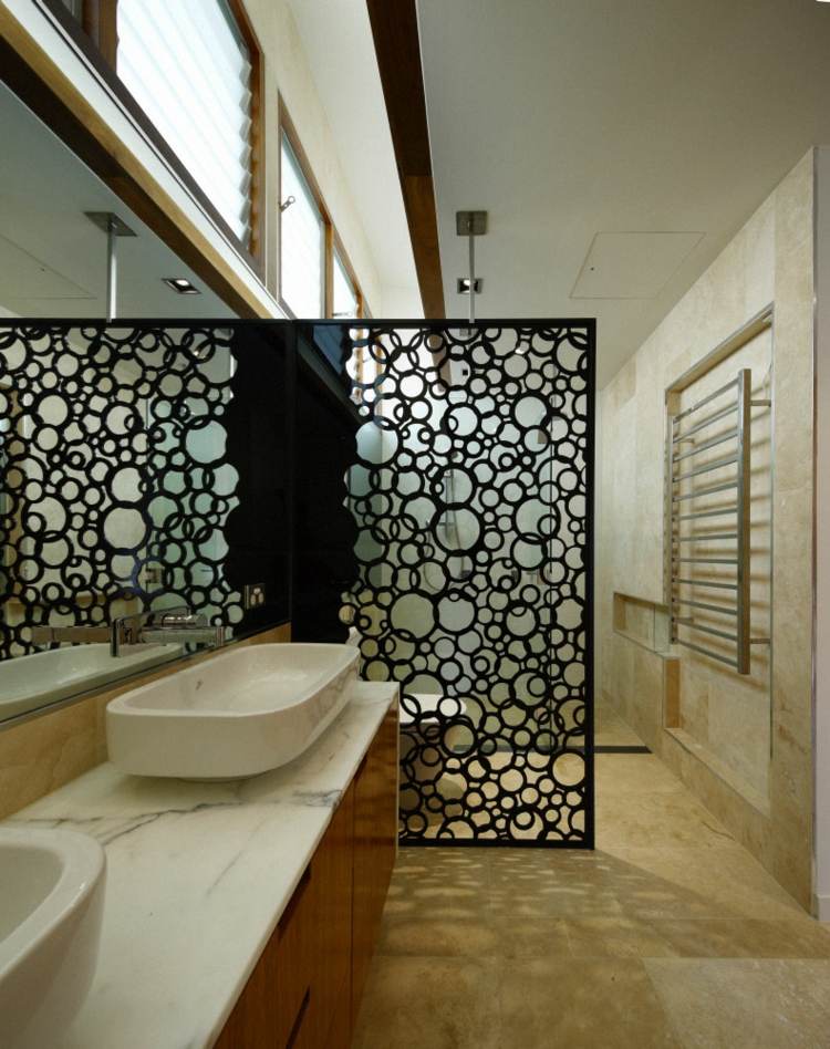 divisória do quarto do banheiro, metal, mármore, pias ovais, radiador, pias ovais