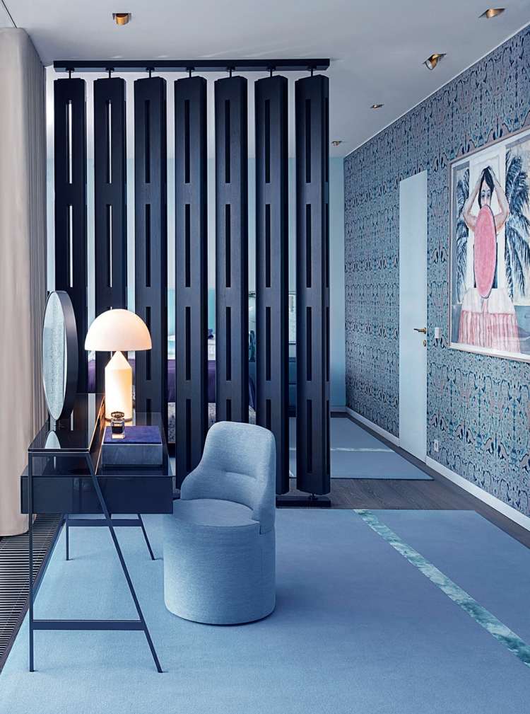 quarto painéis de madeira divisor de quarto preto poltrona moderna design de parede mesa de cosméticos