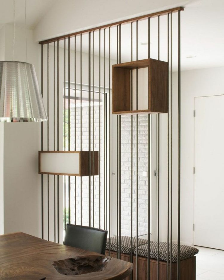 divisória de quarto design varas de madeira mesa sólida cozinha
