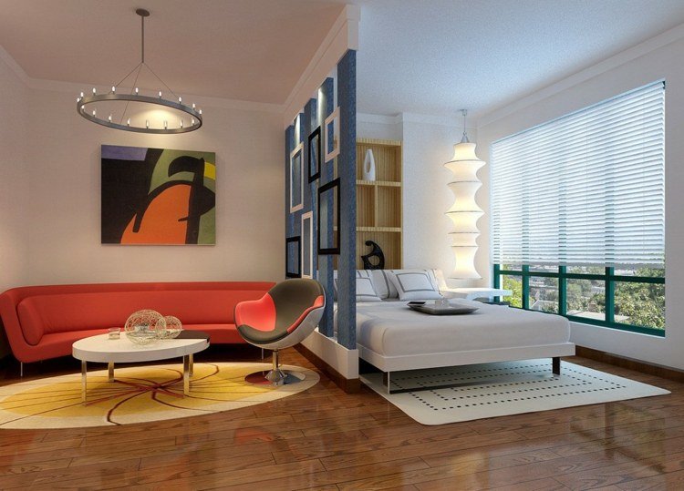 área de estar área de dormir quarto divisória poltrona sofá padrão geométrico colorido