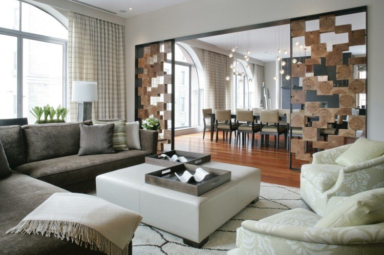 idéias de divisores de quarto de design decorativo fatias de madeira de aço área de jantar área de estar